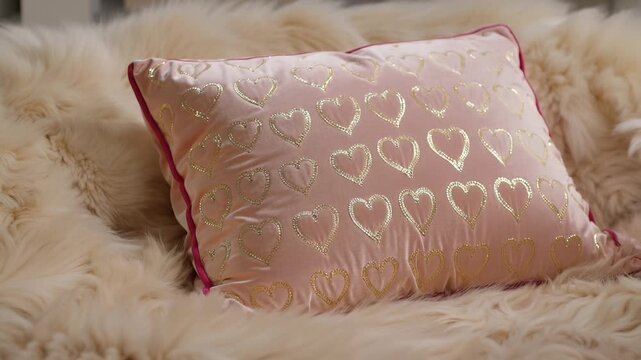 The image showcases a pink cushion with gold heart patterns resting on a soft, fluffy surface. The cushion design and soft texture create a cozy and inviting atmosphere.