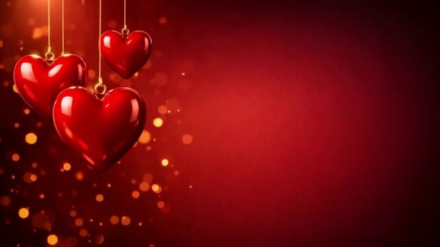 Three glossy red hearts hanging from thin gold strings on a rich red gradient with soft golden bokeh, left-side cluster leaving wide copy space on right for romantic messaging 4K loop studio