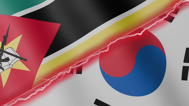 Two waving flags Mozambique and South Korea with diagonal lightning seamless, 4k loop