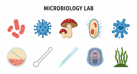 Microbiology lab illustration with microorganisms and lab tools on white © Kenywanch