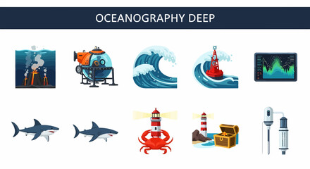 Oceanography Deep icons featuring underwater volcanoes submersibles waves buoys sharks and lighthouses © Kenywanch