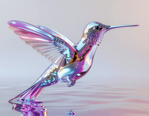 Obraz premium Liquid Metal Chrome: An abstract 3D sculpture of a hummingbird made of flowing, reflective liquid chrome metal, hovering over a reflective surface. 
