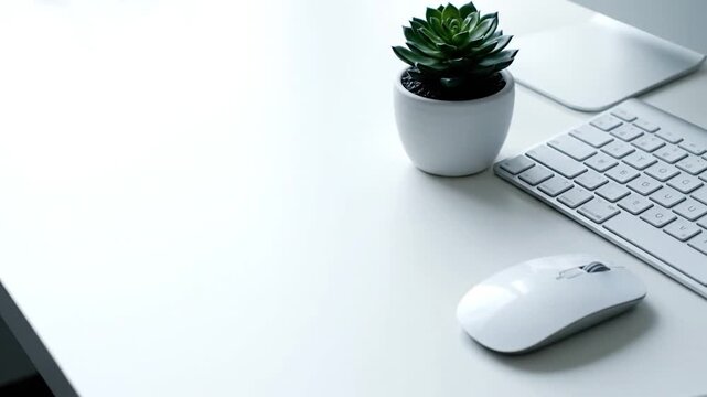 Camera pans across minimalist desk with keyboard, mouse, and succulent plant.