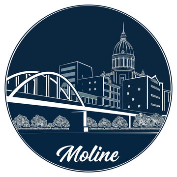Moline Illinois City Skyline and Bridge Vector Badge Illustration