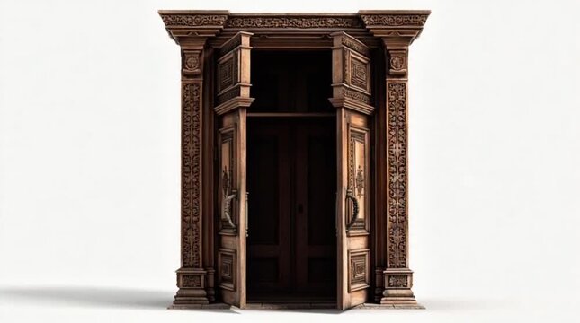 Ornate wooden double doors with intricate carvings opening to reveal an unseen space