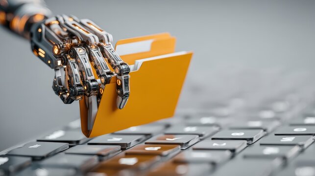A robotic hand holds an orange folder over a black keyboard, technology and data management, future AI data storage solution