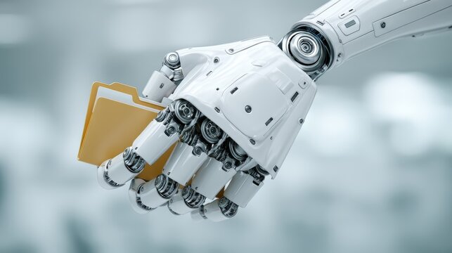 A robotic hand holds a yellow folder, automation, technology, and the integration of AI in data management and organization, future AI data storage solution