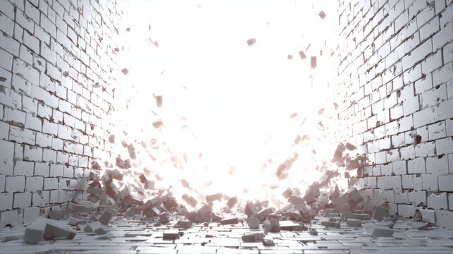 Exploding brick wall with bright light burst