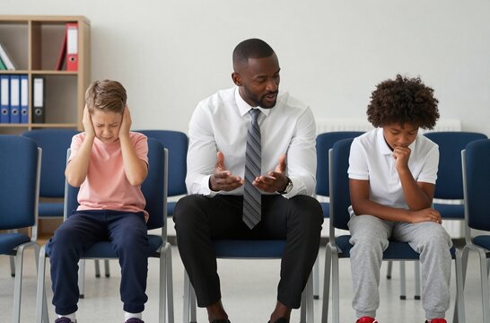 Experienced African American school counselor helping two frustrated diverse elementary students resolve a serious behavioral conflict in a quiet institutional setting.