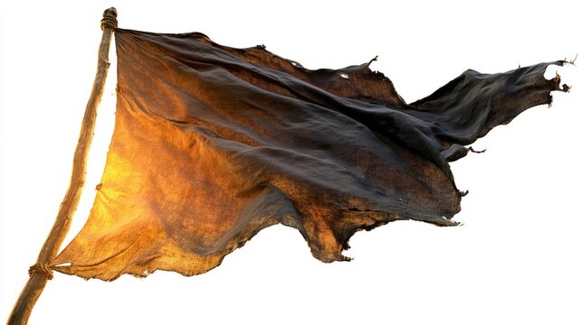 Tattered black fabric flag waving in wind