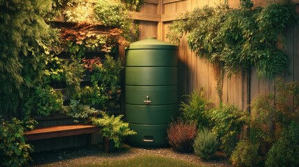 Naklejka premium Eco-friendly rainwater barrel in urban garden