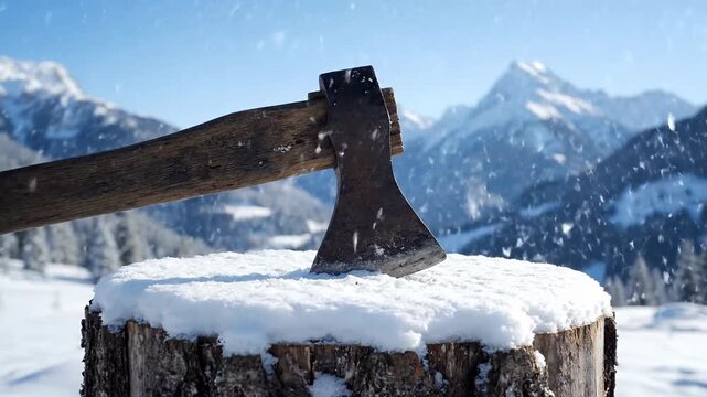 Rustic old metal axe stuck in a snow-covered wooden stump against a panoramic view of majestic winter mountains under a clear blue sky. Concept of survival and life in the high mountains