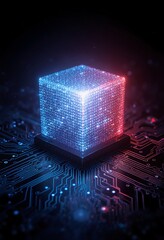 Qubit quantum computing. A futuristic digital cube emitting blue and red light on a circuit board