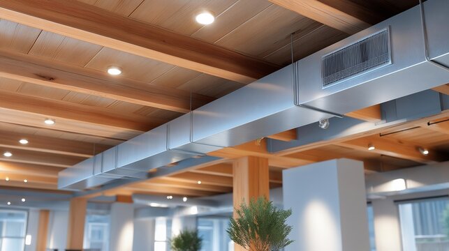 Detailed imagery of HVAC system ductwork in a commercial space emphasizes the significance of efficiency and airflow, underlining its role in maintaining a comfortable environment for occupants.