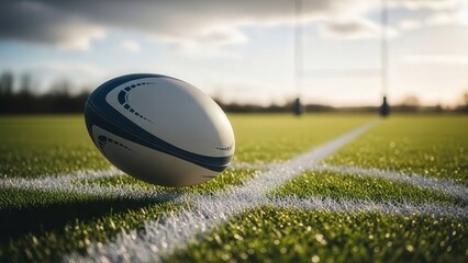 Close-up of a rugby ball on a green field during daytime with wind turbines in background