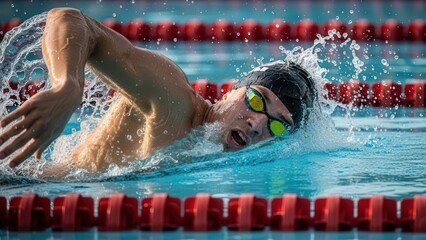 Young Male Swimmer Performing Front Crawl Stroke in Competitive Pool