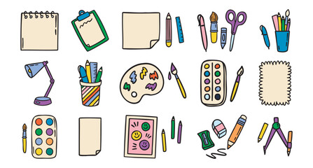 Drawing elements set, papers, paints and brushes, colorful kids art, hand drawn