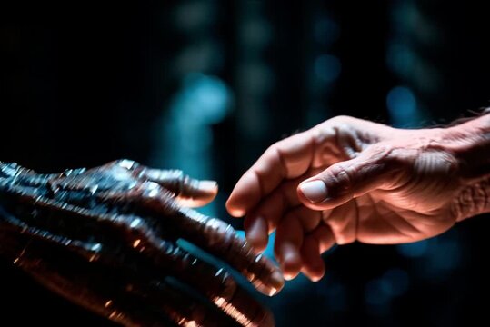 Human and alien shaking hands. Extraterrestrial contact concept