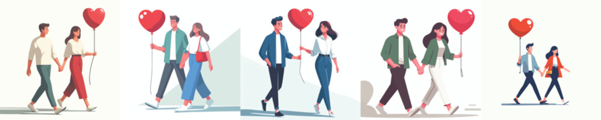 Obraz premium vector of a couple walking together and holding valentine love balloons