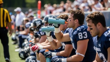 Football Players Taking Hydration Break During Intense Game on Sunny Day