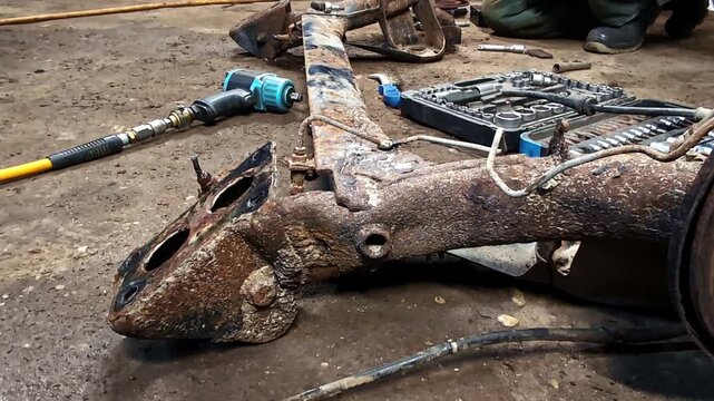 Disassembled rusty vehicle subframe on dirty garage floor with tools during car maintenance work