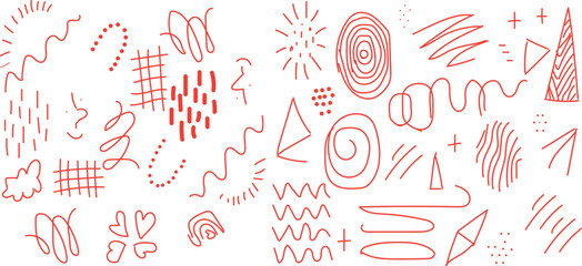  collection of hand-drawn, red-colored doodle elements and abstract shapes. These vector illustrations include various markings, scribbles, lines, and shapes, often used for highlighting 
