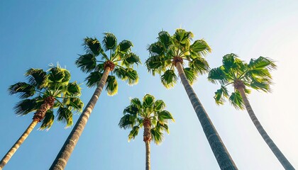 Obraz premium Low-angle view of five tall palm trees against a bright, clear blue sky
