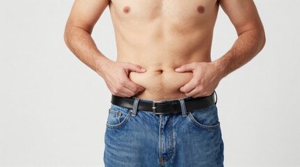 Naklejka premium Man Pinching Belly Fat: Demonstrating Weight Gain, Unhealthy Lifestyle, and Body Image Concerns in a Studio Shot