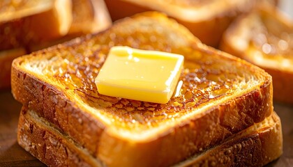 Golden brown toast with melted butter close-up, showing crispy texture and glistening surface for food photography or breakfast menu design