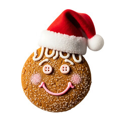 Cute Christmas Gingerbread Cookie Wearing Santa Hat Isolated on Grey