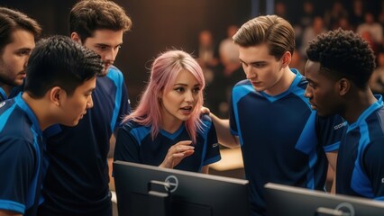 Group of diverse students collaborating around a laptop during a class discussion
