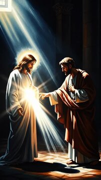 Doubting Thomas examines the wounds of Jesus with light and shadow at a historical location in the evening