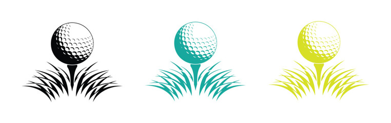 Obraz premium Golf ball on tee in grass graphic. Golf ball on tee vector illustrations in different colors. golf ball tee icon vector illustration. Golf Ball Icon Vector Design.