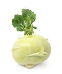 Fresh Kohlrabi with Green Leaves Isolated on White Background
