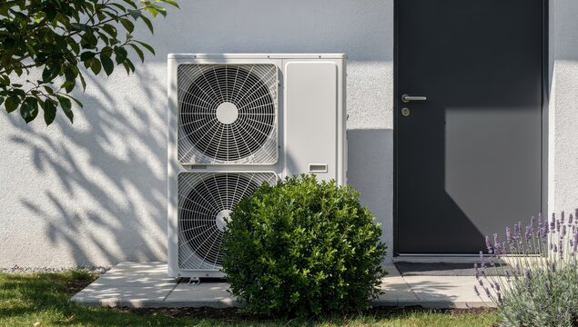 Modern white outdoor heat pump unit with double fans installed on concrete slab next to house wall and green garden plants. Energy-efficient HVAC system for residential heating and cooling.