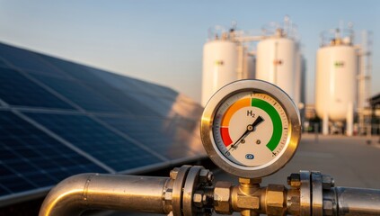 H2 hydrogen pressure gauge with green zone needle in front of solar panel farm and storage tanks at sunset. Green hydrogen energy, renewable fuel production, and sustainable technology concept.