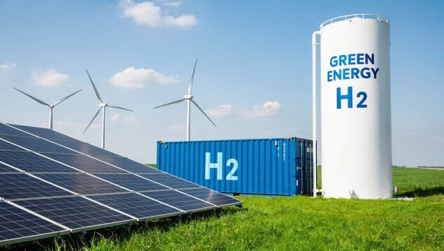 Landscape of renewable energy facility featuring white Green Energy H2 tank and blue hydrogen container with solar panels and wind turbines in green field. Sustainable power and clean fuel technology 
