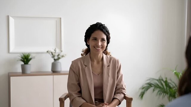 白を基調とした静かなカウンセリングルームで、ラテン系女性カウンセラーが穏やかに対話するシーン。
窓から差し込む自然光とグリーンが、温かみと安心感のある空間を演出。
前傾姿勢で傾聴する姿が、共感・信頼・心理的安全性を表現。