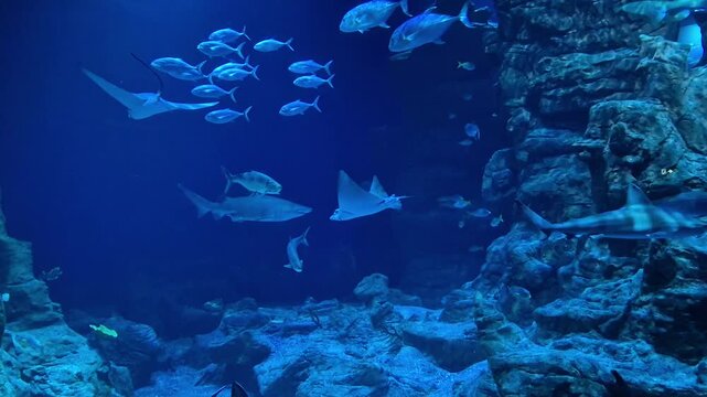 Life in the ocean, large fish, rays and shark swimming. Relaxing underwater landscape background. 