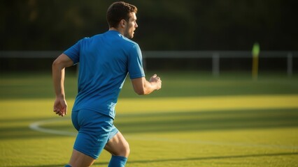Fototapeta premium Energetic Male Soccer Player Running on Green Football Field During Match