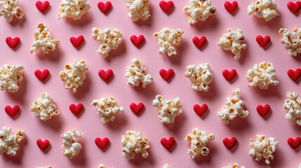 Fototapeta premium Overhead flat lay of popcorn and hearts for a romantic valentine movie night date concept