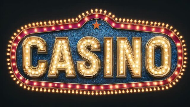 Retro illuminated casino sign with glowing marquee lights and vintage design on dark background with sparkle