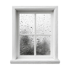 A square white window frame, droplets visible on the panes, with a blurry grayscale outdoor view