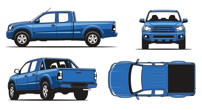 Cartoon illustration of blue and red pickup trucks in various views