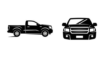 Fototapeta premium Collection of black silhouette pickup trucks in various front and rear views