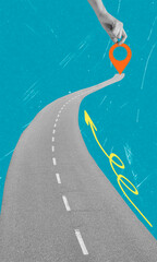 Art collage showing a hand placing a location marker on a winding road against a blue background © beast01