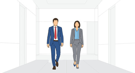 Fototapeta premium A Businessman and a Businesswoman Walking Together Down a Bright Office Corridor Representing Professional Partnership and Corporate Collaboration in a Modern Setting.