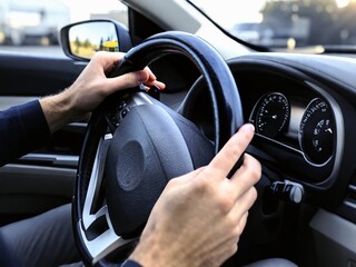 Fototapeta premium driving a beautiful photo, man's hands on the steering wheel, man in a car beautiful photo, driving to work