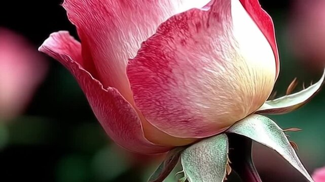 Close up of a vibrant pink rose blooming with delicate petals