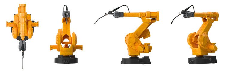 Industrial robotic arm in multiple views, showcasing its articulated joints and precision engineering for manufacturing
